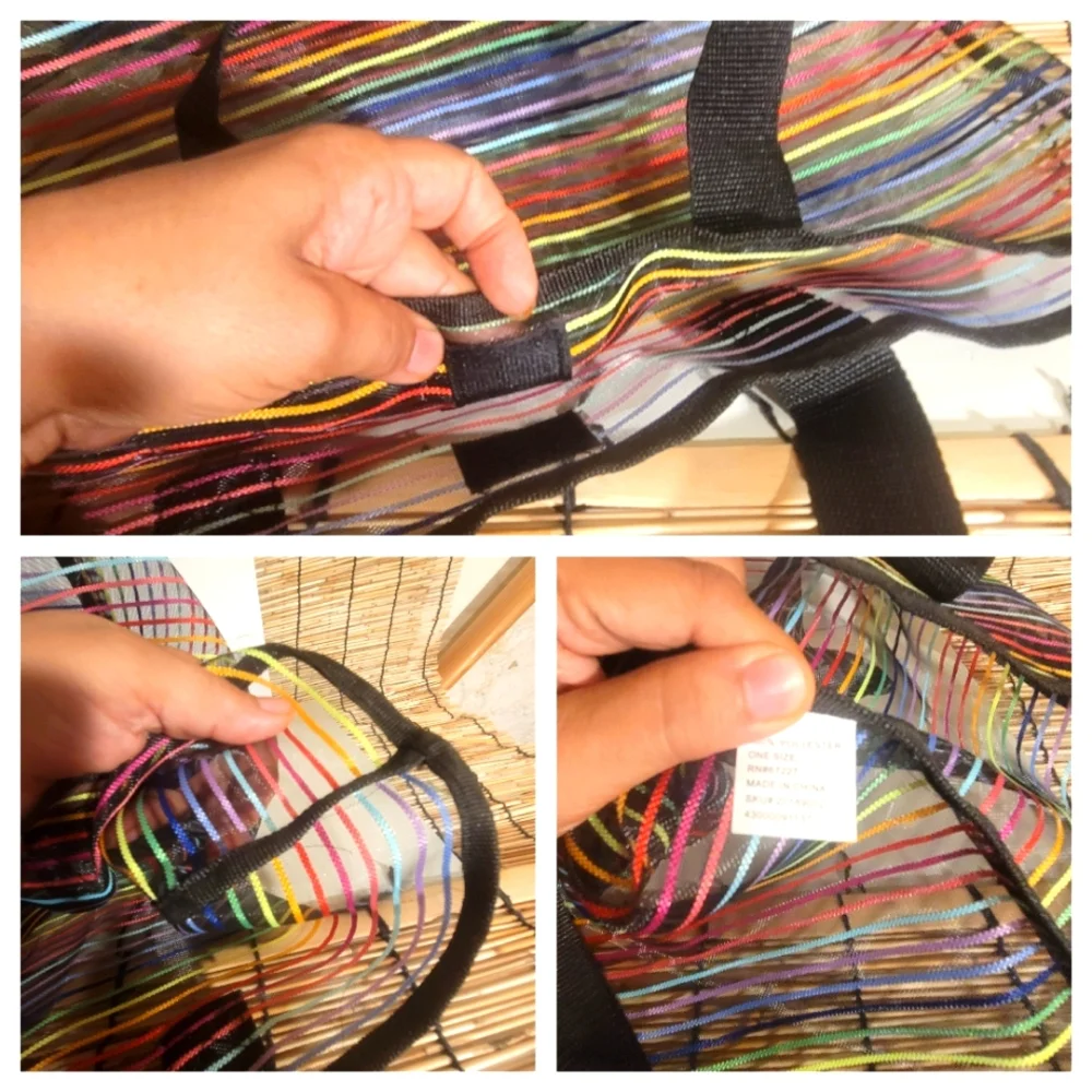 Black w/multicolor rainbow stripes Sheer Polyester Waterproof Tote